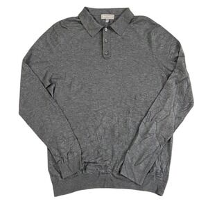 NEIMAN MARCUS Mens Long Sleeve Polo Sweater Knit Large Silk Cashmere Wool Grey